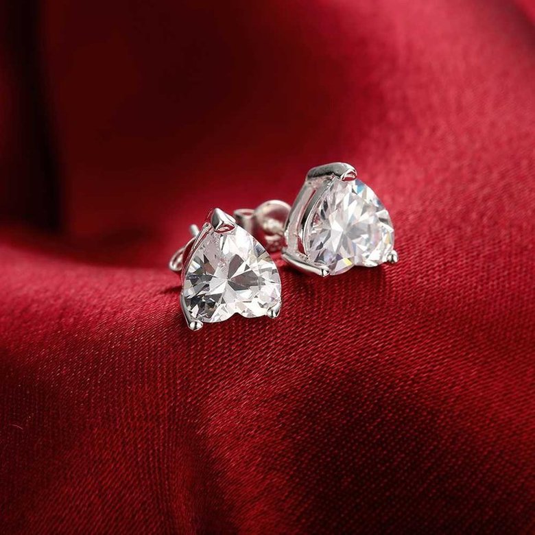 Wholesale Cute Female Love Heart Stud Earrings Silver plated Small Earrings Charm Crystal zircon Wedding Earrings For Women TGSPE152 4