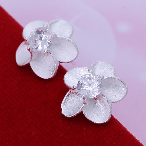 Wholesale Romantic Dainty Female White Crystal Earrings Silver plated Small Stud Earrings For Women Cute Classic Flower Wedding jewelry TGSPE183 0