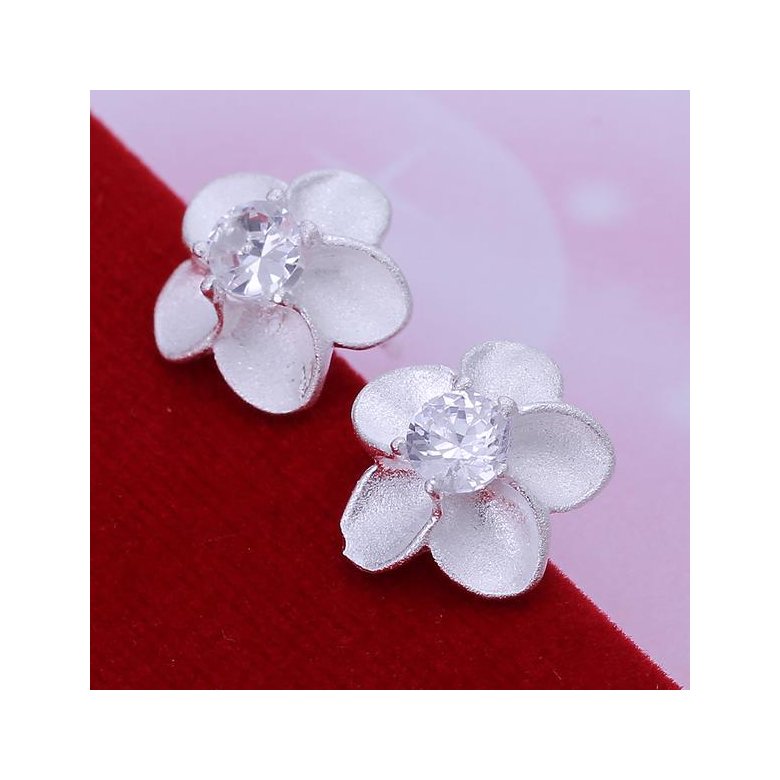 Wholesale Romantic Dainty Female White Crystal Earrings Silver plated Small Stud Earrings For Women Cute Classic Flower Wedding jewelry TGSPE183 0