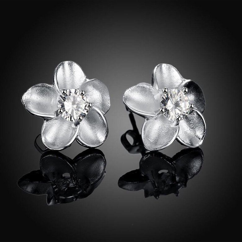 Wholesale Romantic Dainty Female White Crystal Earrings Silver plated Small Stud Earrings For Women Cute Classic Flower Wedding jewelry TGSPE183 2