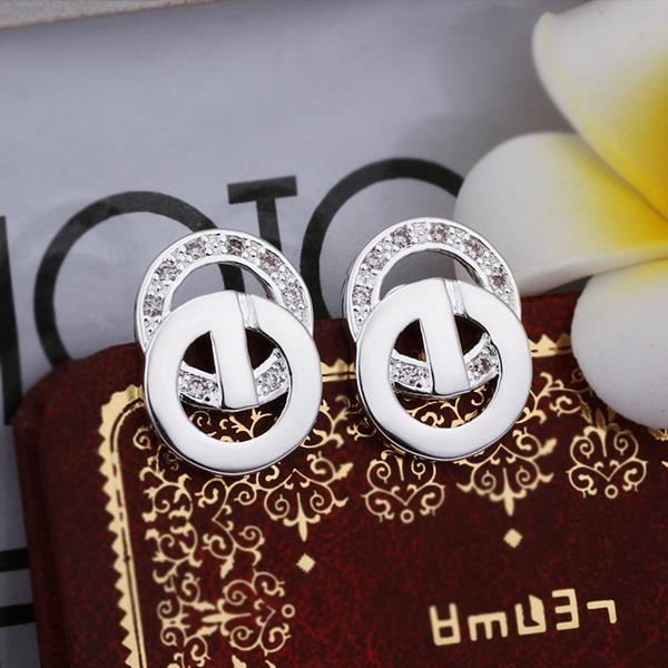 Wholesale Romantic Silver plated Double-circle Stud Earring for Women Sparkling Single circle Zircon Wedding Jewelry Prevent Allergy TGSPE019 0