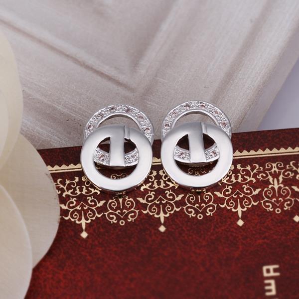 Wholesale Romantic Silver plated Double-circle Stud Earring for Women Sparkling Single circle Zircon Wedding Jewelry Prevent Allergy TGSPE019 10