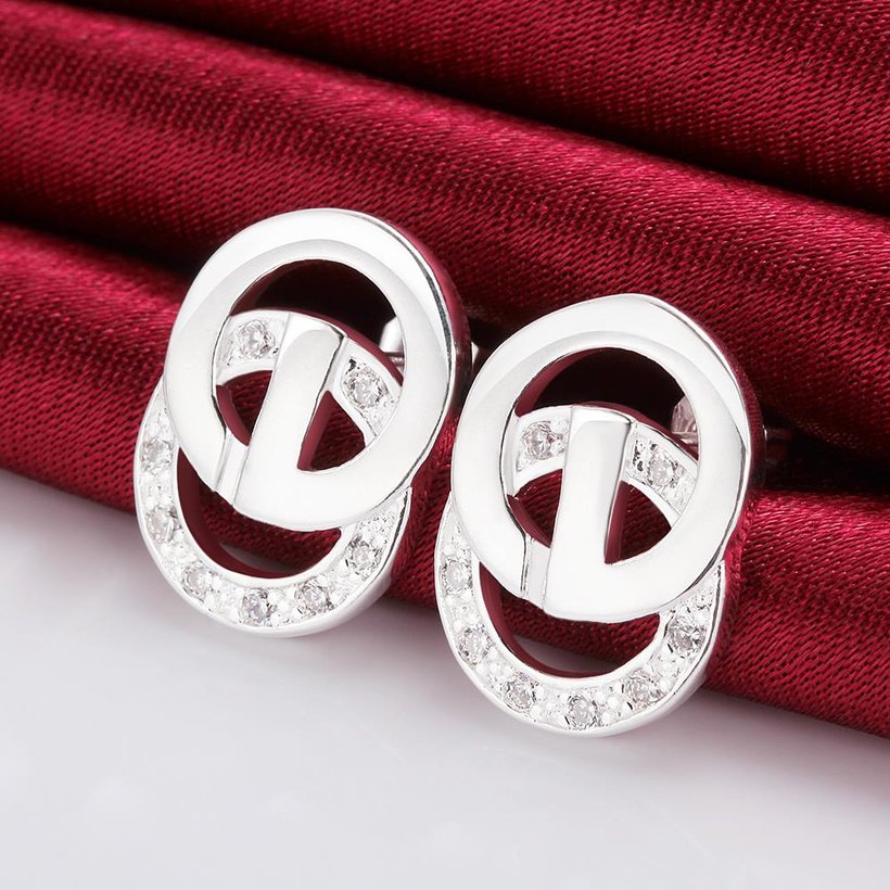 Wholesale Romantic Silver plated Double-circle Stud Earring for Women Sparkling Single circle Zircon Wedding Jewelry Prevent Allergy TGSPE019 4