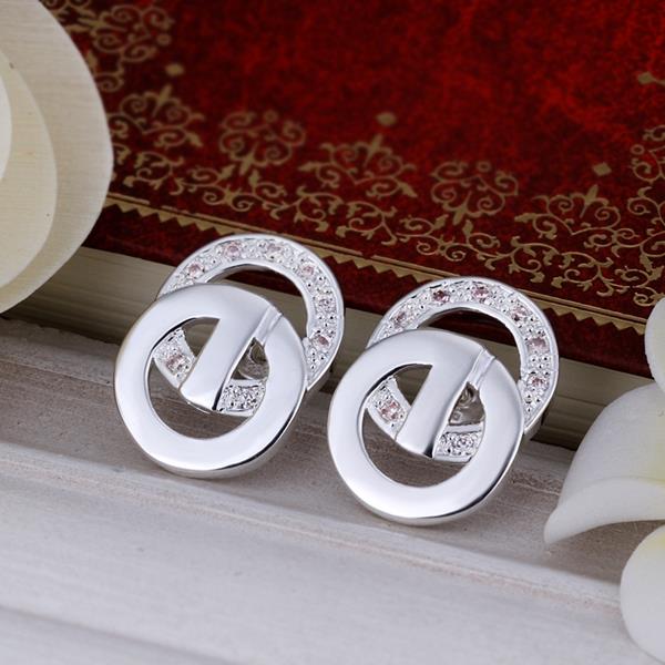Wholesale Romantic Silver plated Double-circle Stud Earring for Women Sparkling Single circle Zircon Wedding Jewelry Prevent Allergy TGSPE019 8