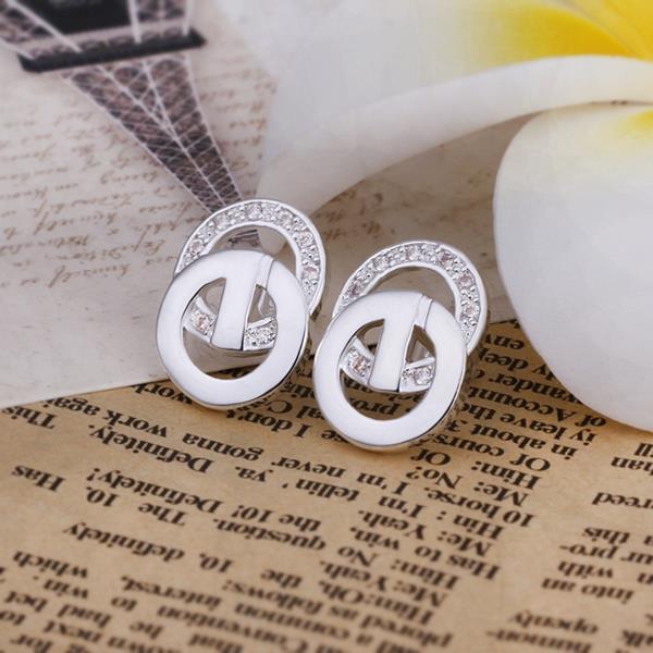 Wholesale Romantic Silver plated Double-circle Stud Earring for Women Sparkling Single circle Zircon Wedding Jewelry Prevent Allergy TGSPE019 9