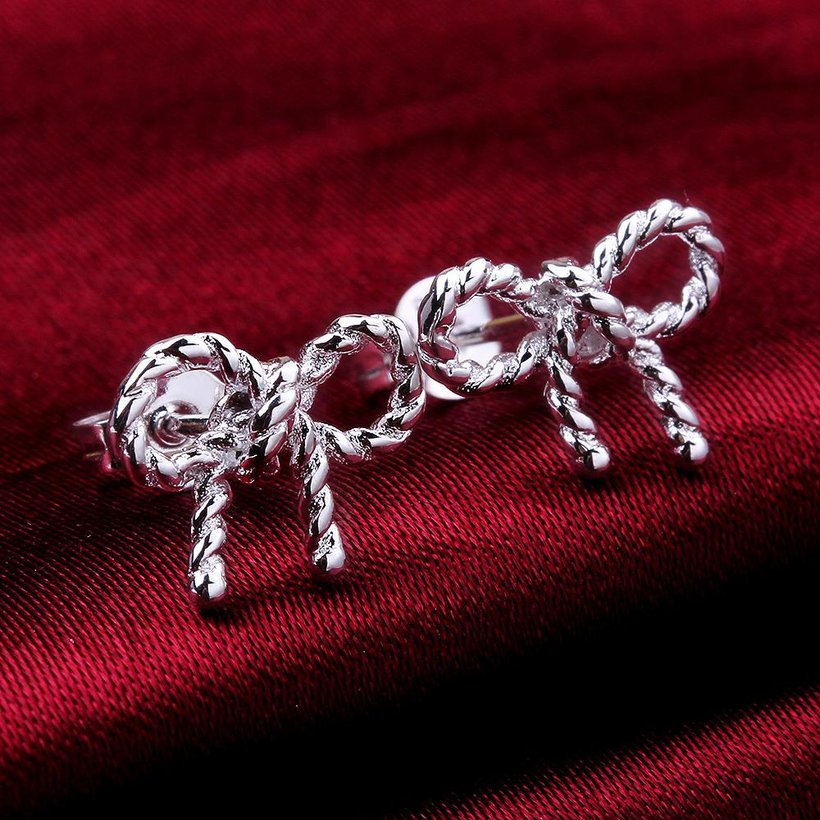 Wholesale Romantic Silver plated Sparkling BowKnot Twisted rope earrings Charm jewelry for Wome Gift TGSPE083 1