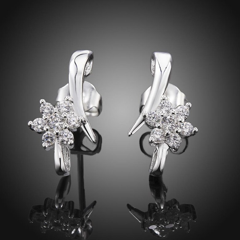 Wholesale Trendy Dainty Female White Crystal zircon Earrings Silver plated Stud Earrings For Women Cute Classic Flower Wedding Earrings TGSPE088 3