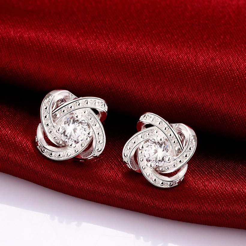 Wholesale Euramerican fashionable Silver plated Stud Earrings For Women Luxury flower white Cubic Zirconia Wedding Jewelry Accessory TGSPE225 2