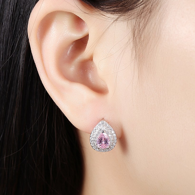 Wholesale Trendy 925 Sterling Silver Water Drop Pink CZ Clip Earring TGSLE135 3