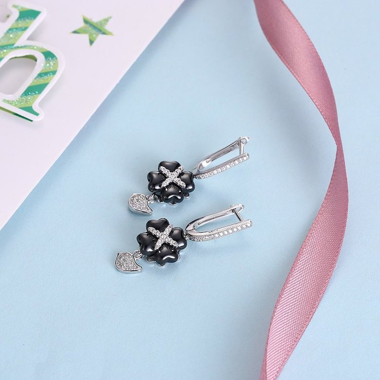 Wholesale Fashion 925 Sterling Silver Black Clover Ceramic Dangle Earring TGSLE211 2