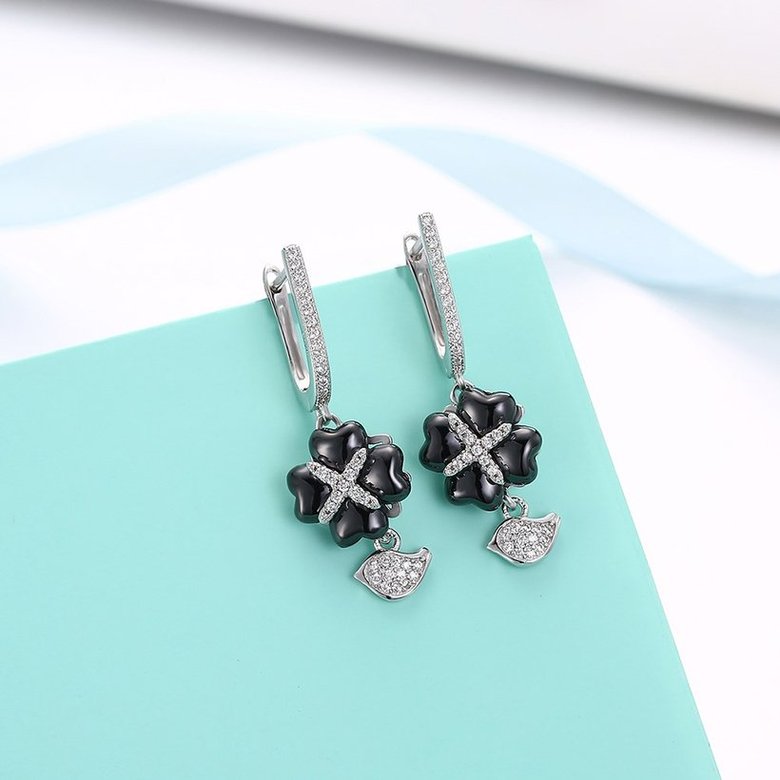 Wholesale Fashion 925 Sterling Silver Black Clover Ceramic Dangle Earring TGSLE211 3