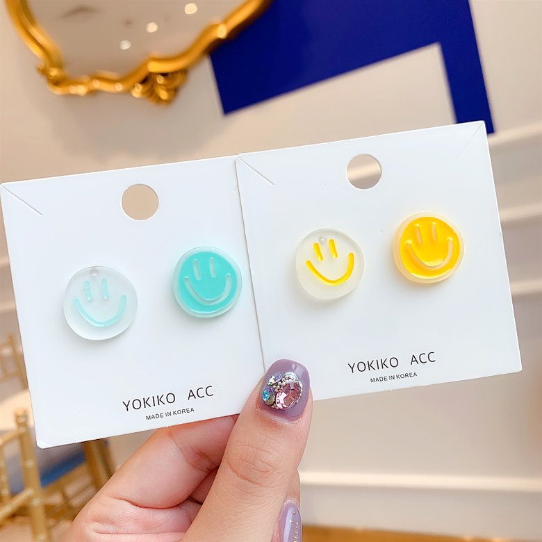 Wholesale Smiling Face Acrylic Earrings for Women Girls Cute Stud Earrings Yellow Asymmetric stud Female Fashion Jewelry VGE003 0