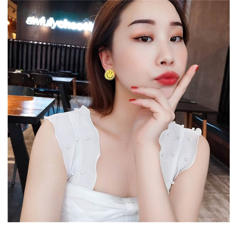 Wholesale Smiling Face Acrylic Earrings for Women Girls Cute Stud Earrings Yellow Asymmetric stud Female Fashion Jewelry VGE003 3