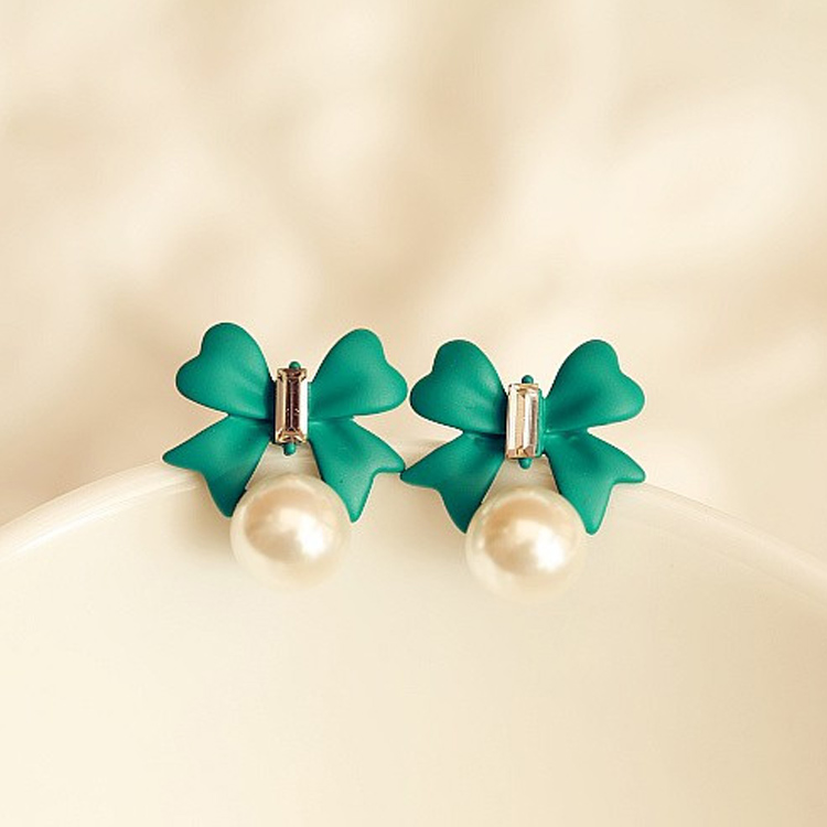 Wholesale Korean Design Enamel Drip Bowknot Round Simulated Pearl Drop Earrings for Women Student Girl Gift DIY Sweet Creative Jewelry VGE010 1
