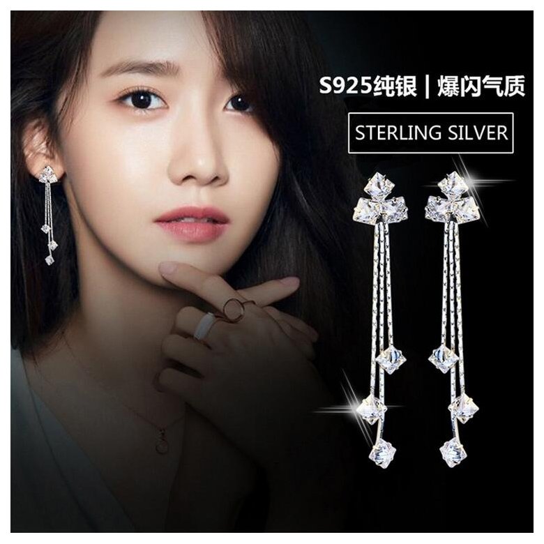 Wholesale Luxury square  Zircon Long Drop Earrings with Silver Color Tassel Korean Wedding Earring for Women Party Jewelry VGE083 1