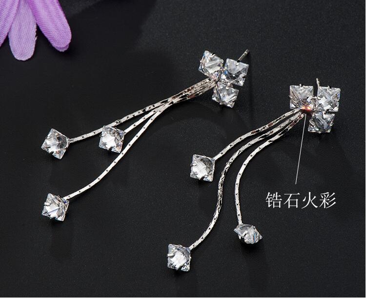 Wholesale Luxury square  Zircon Long Drop Earrings with Silver Color Tassel Korean Wedding Earring for Women Party Jewelry VGE083 3