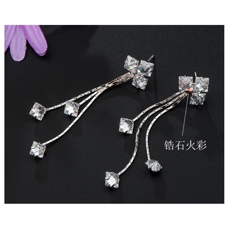 Wholesale Luxury square  Zircon Long Drop Earrings with Silver Color Tassel Korean Wedding Earring for Women Party Jewelry VGE083 3