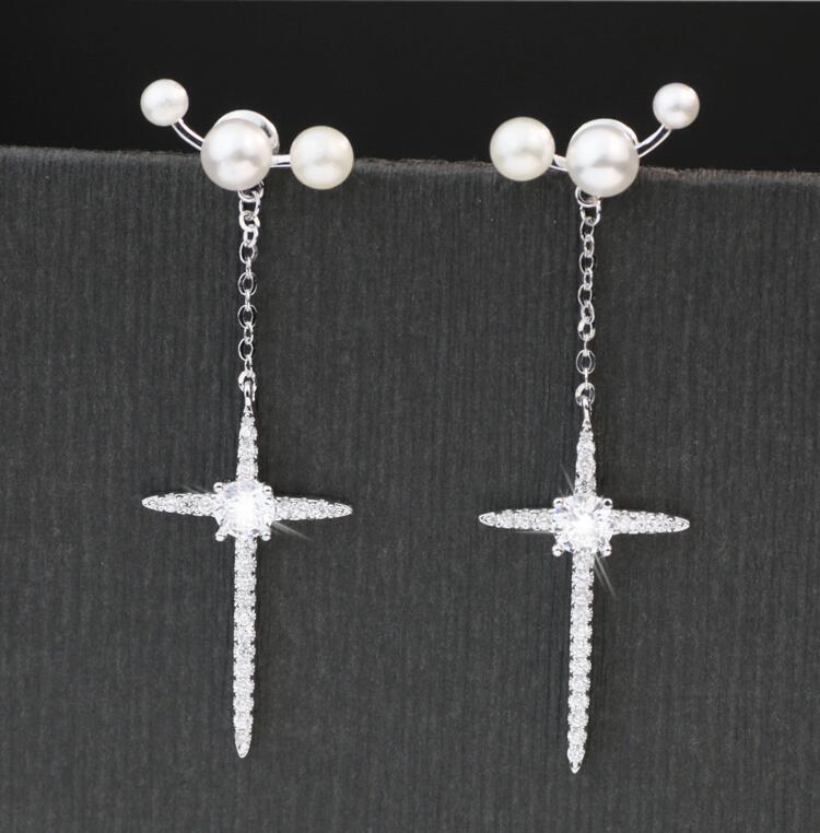 Wholesale Long Drop Earring Imitation Pearl Geometric Cross Earring Dangle Earrings For Women Girl Wedding Party Jewelry Gift 2020 Hot New VGE086 4