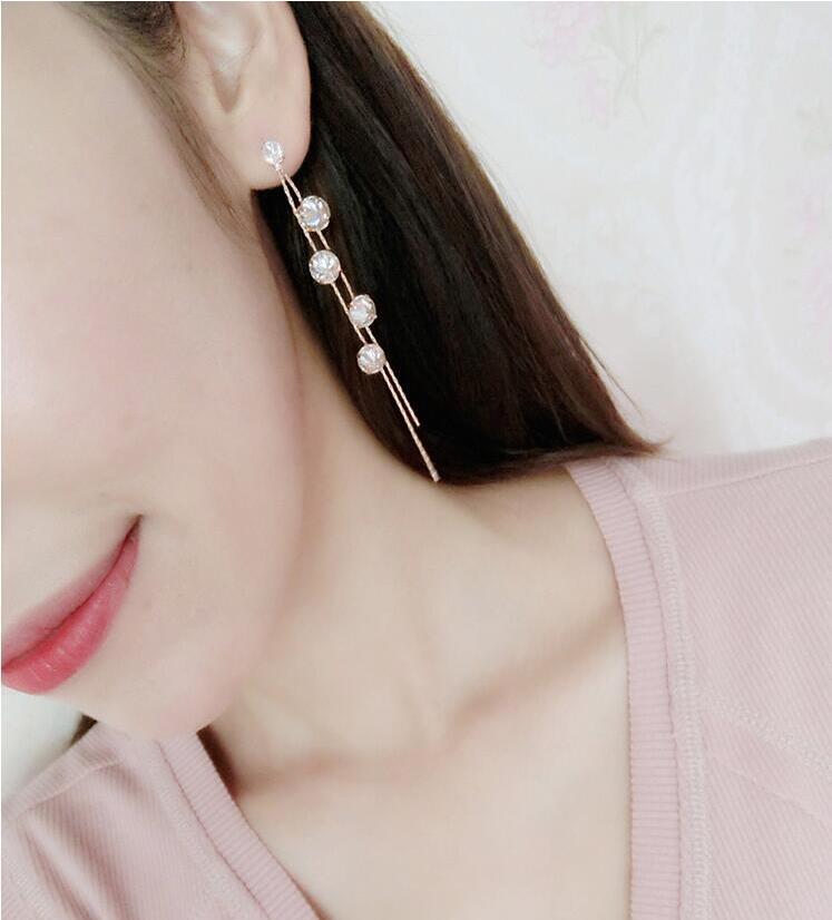 Wholesale Luxury Round Zircon Long Drop Earrings with Silver Color Tassel Korean Wedding Earring for Women Party Jewelry VGE091 2