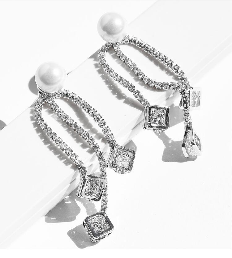 Wholesale New style 925 sterling silver Zircon Pearls Dangle Earrings for Women Box Chain Long Tassel Earring Jewelry VGE099 1