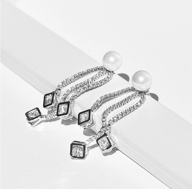 Wholesale New style 925 sterling silver Zircon Pearls Dangle Earrings for Women Box Chain Long Tassel Earring Jewelry VGE099 2