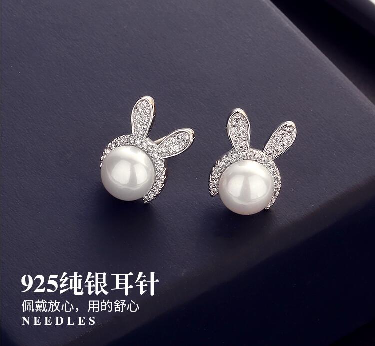 Wholesale Fashion  bunny rabbit stud earrings pearl jewelry gifts Cute animal Rhinestone Earring for women girls VGE100 2