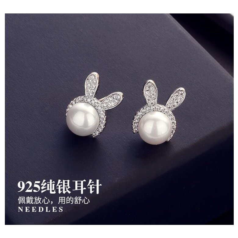 Wholesale Fashion  bunny rabbit stud earrings pearl jewelry gifts Cute animal Rhinestone Earring for women girls VGE100 2