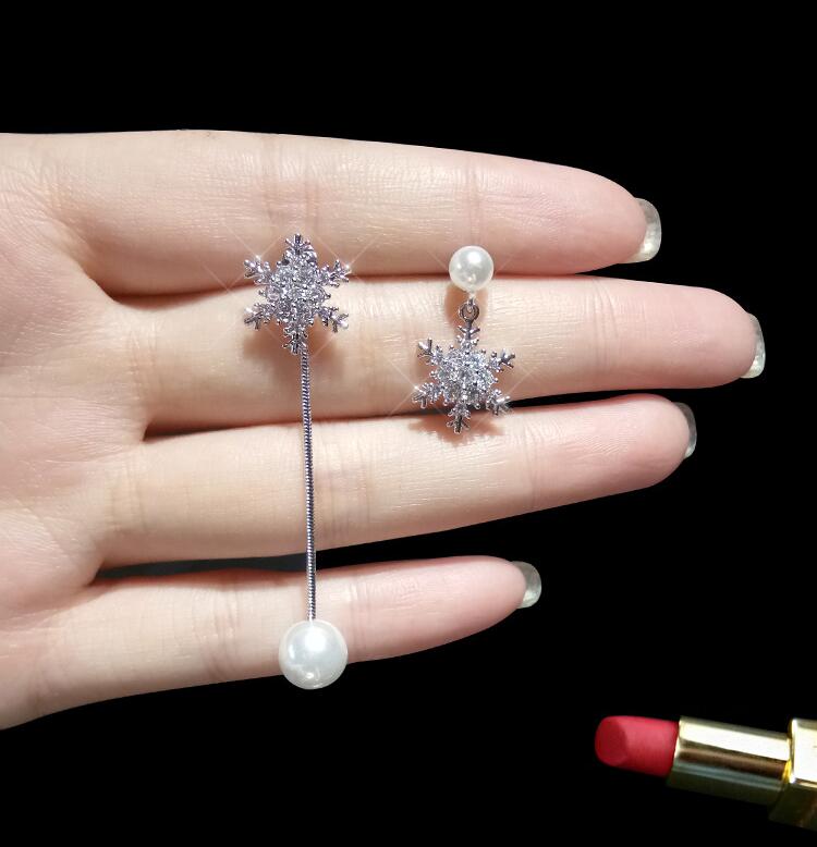 Wholesale 925 sterling silver fashion snowflake crystal pearl ladies stud earrings jewelry wholesale women Christmas gift VGE103 7
