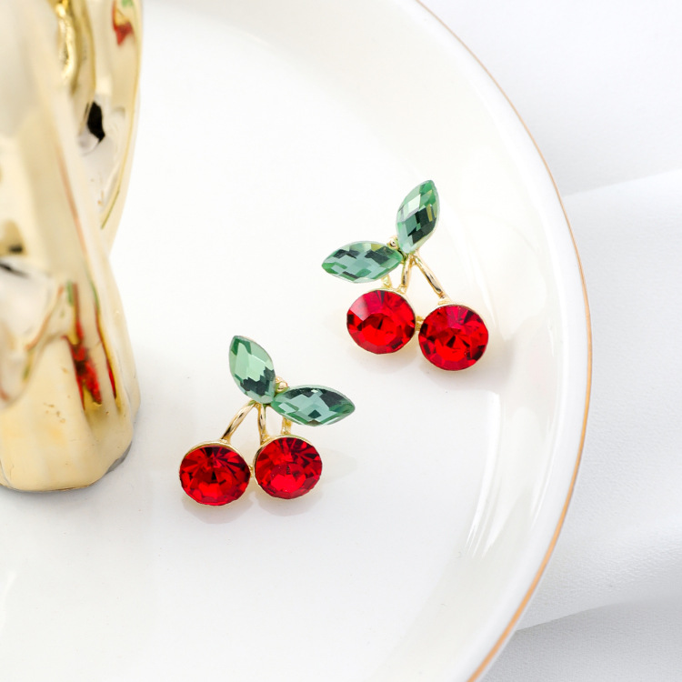 Wholesale Cute Red Cherry Crystal Earring 2020 New Romantic Sweet Fruit Geometric Korean Earrings for Women Girl Party Delicate Jewelry VGE110 2