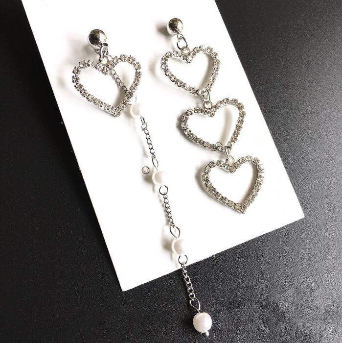 Wholesale Girl Heart-shaped Asymmetric Earrings Simple Rhinestone Pearl Chain Earrings Jewelry  Long Earrings VGE118 6
