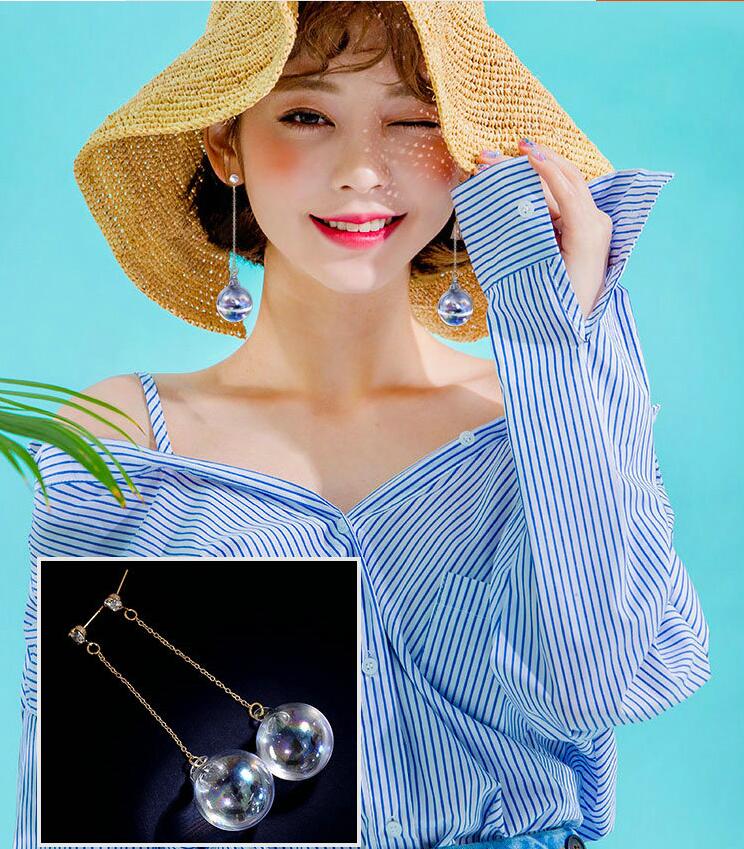 Wholesale New Fashion Women Transparent Glass Long Water Ball Dangle Earrings For Girls Drop Earrings Party Jewelry Accessories VGE124 5