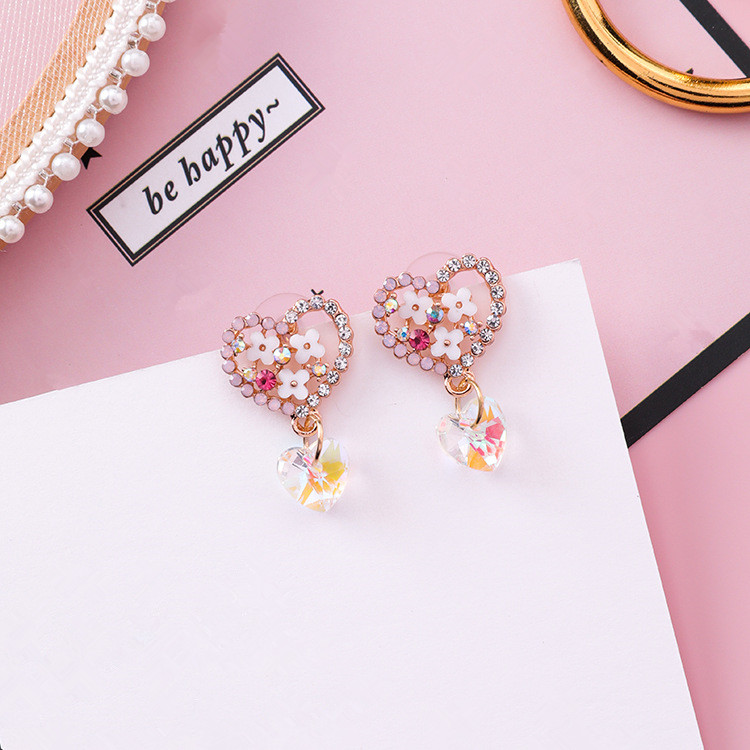 Wholesale Cute Love Heart Flower Earrings Jewelry Trendy CZ Crystal Hoop Earrings For Women Girls VGE142 3