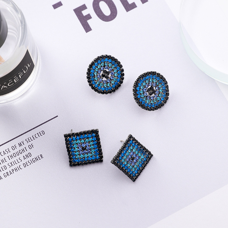 Wholesale Elegant Small Round and square Stud Earrings for Women Dating Gradient blue zircon Fashion Jewelry Gift VGE150 6