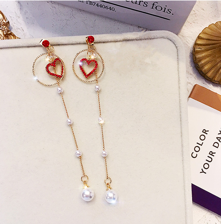 Wholesale New Korean Charm Pearl Tassel Crystal Love Heart Clip Earrings for Women Fashion Earring Luxury Jewelry VGE164 0
