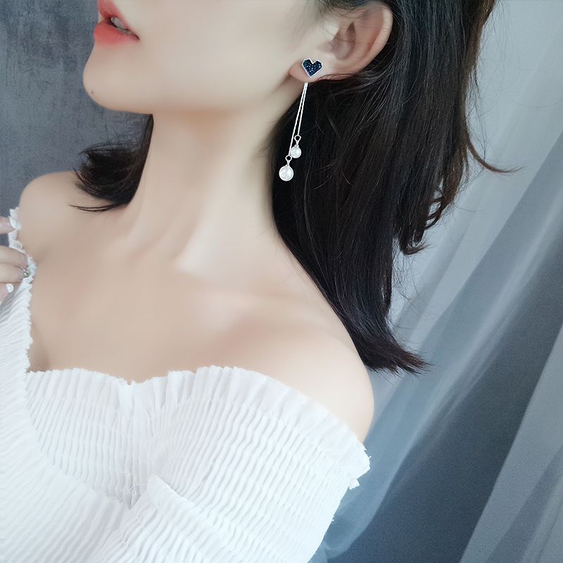 Wholesale Korean Pearl Blue Crystal Love Heart Tassel Long Drop Earrings for Women Fashion Drop Earring Charm Luxury Jewelry Pendientes VGE167 4