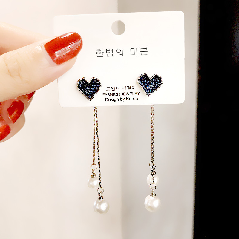 Wholesale Korean Pearl Blue Crystal Love Heart Tassel Long Drop Earrings for Women Fashion Drop Earring Charm Luxury Jewelry Pendientes VGE167 5