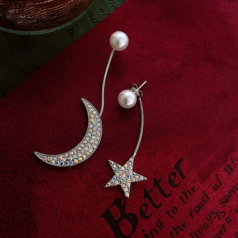 Wholesale Elegant imitation pearl Moon Star Long Tassel ear nail exquisite Prevent Allergy crystal EarringFashion High Quality VGE186 5