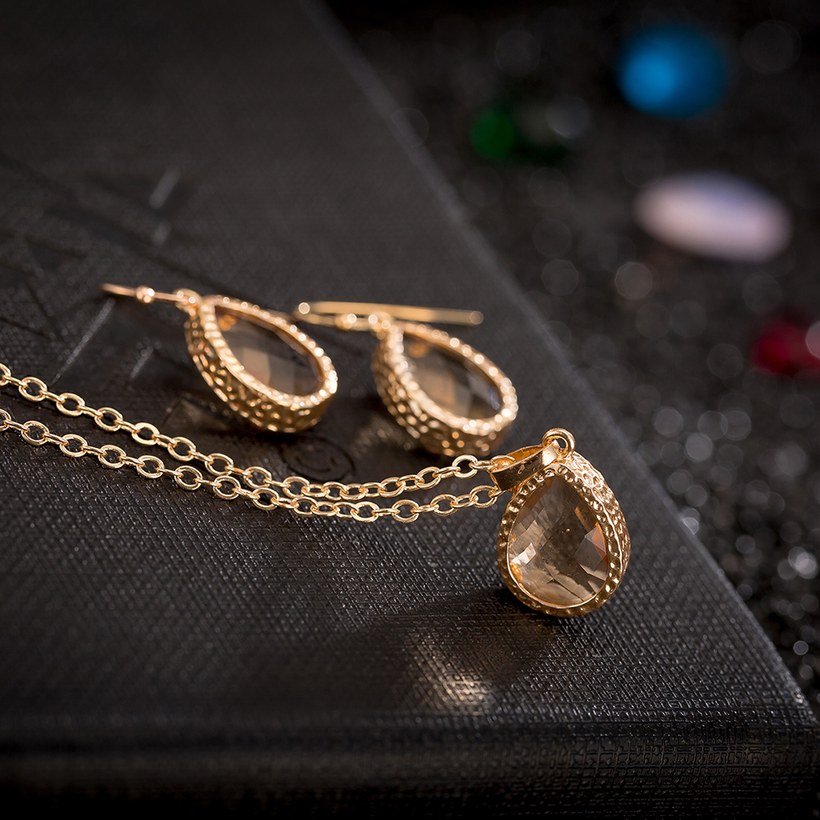Wholesale Trendy Antique Gold Water Drop Beige Glass Jewelry Set TGCJS030 0