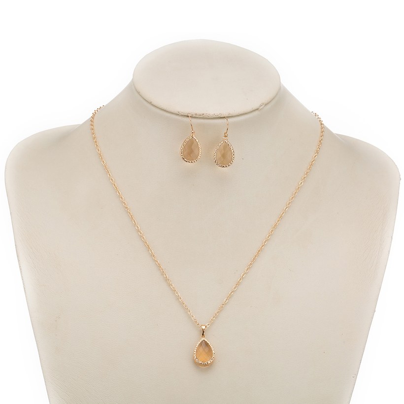 Wholesale Trendy Antique Gold Water Drop Beige Glass Jewelry Set TGCJS030 8