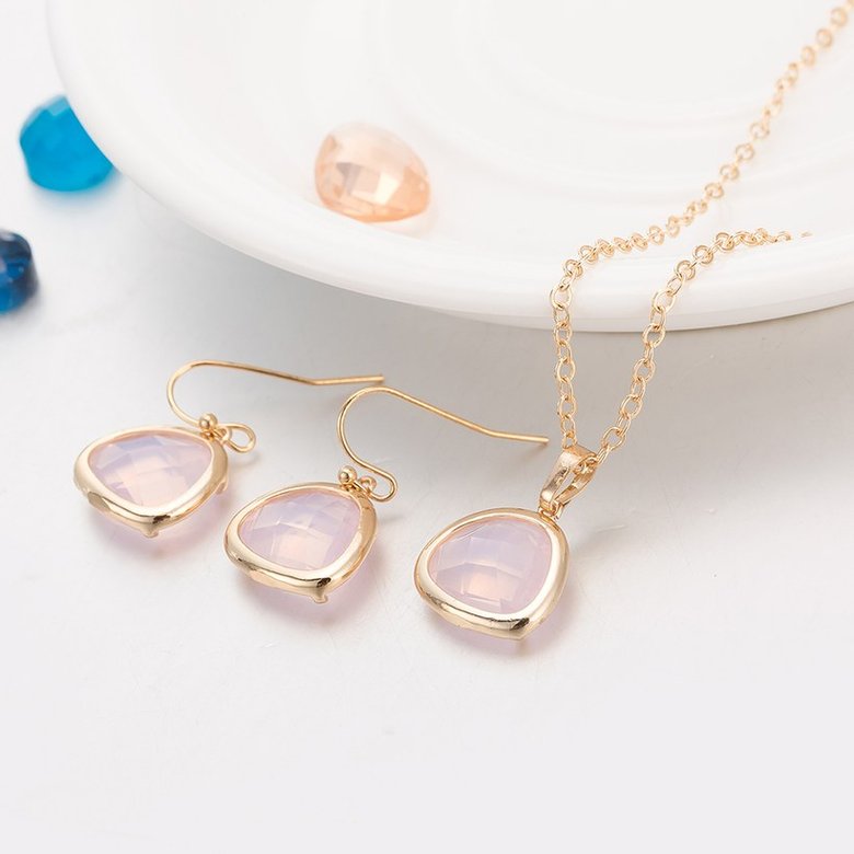 Wholesale Trendy Antique Gold Heart Pink Glass Jewelry Set TGCJS036 2