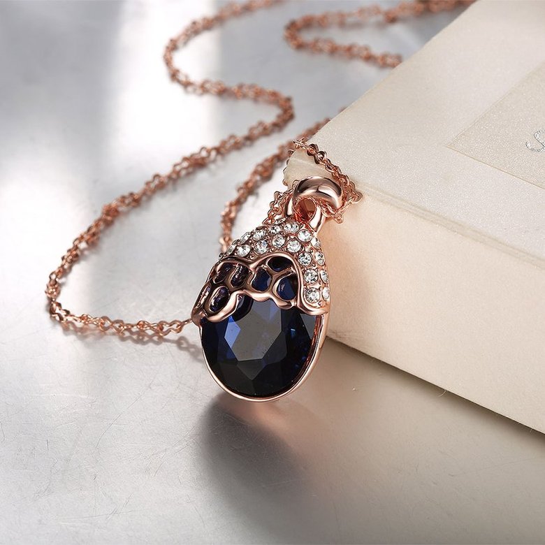 Wholesale Romantic Rose Gold Water Drop Blue Crystal Necklace temperament retro high quality jewelry TGGPN405 2