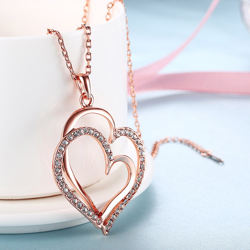 Wholesale Trendy Hot Sell rose Gold zircon Necklace for women Girls Double-layered Heart Necklace fine Valentine's Day Gift TGGPN367 6