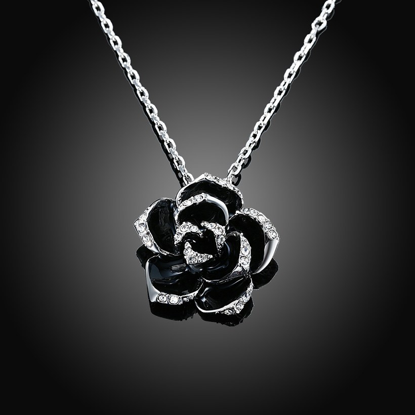Wholesale Romantic Platinum Plated Rhinestone Necklace black rose flower pendants fine gift for girl TGGPN381 0