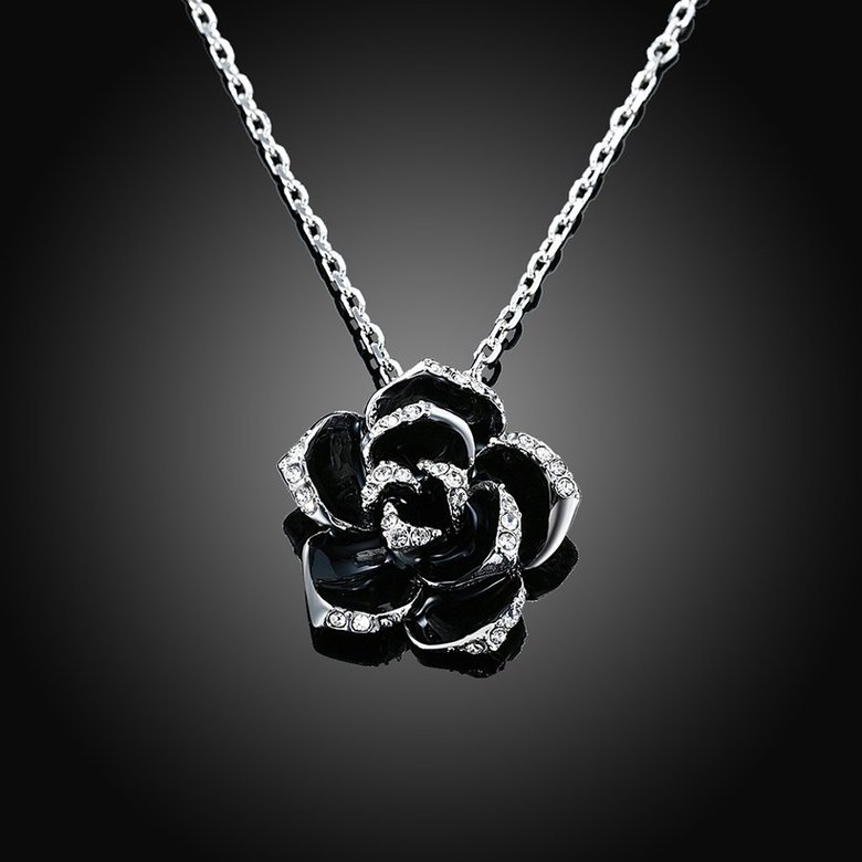 Wholesale Romantic Platinum Plated Rhinestone Necklace black rose flower pendants fine gift for girl TGGPN381 0