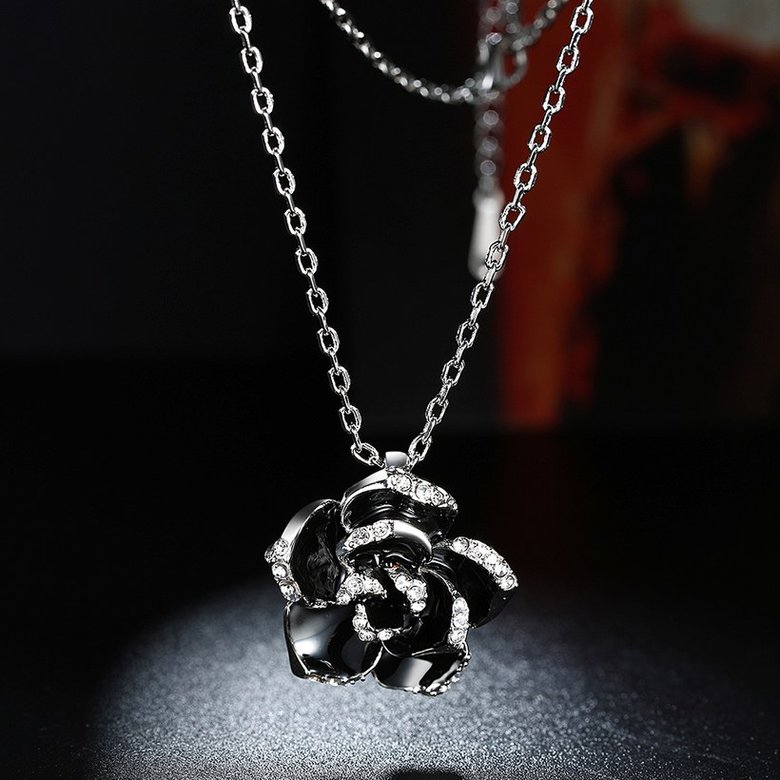 Wholesale Romantic Platinum Plated Rhinestone Necklace black rose flower pendants fine gift for girl TGGPN381 1