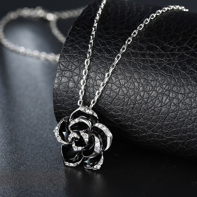 Wholesale Romantic Platinum Plated Rhinestone Necklace black rose flower pendants fine gift for girl TGGPN381 4