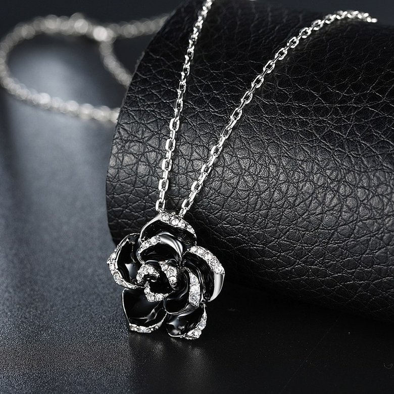 Wholesale Romantic Platinum Plated Rhinestone Necklace black rose flower pendants fine gift for girl TGGPN381 4
