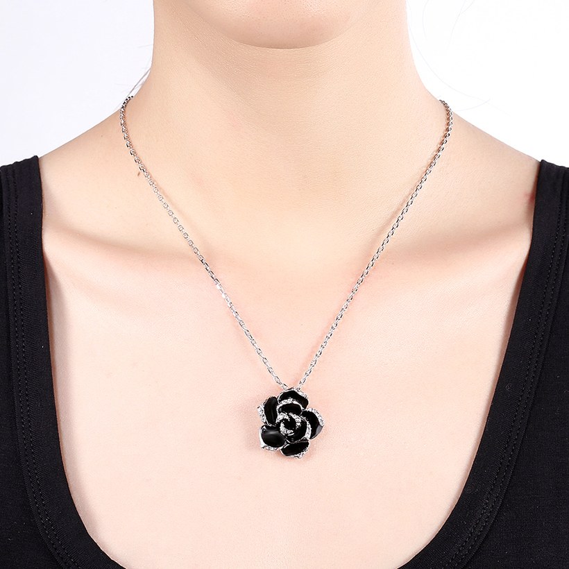 Wholesale Romantic Platinum Plated Rhinestone Necklace black rose flower pendants fine gift for girl TGGPN381 5