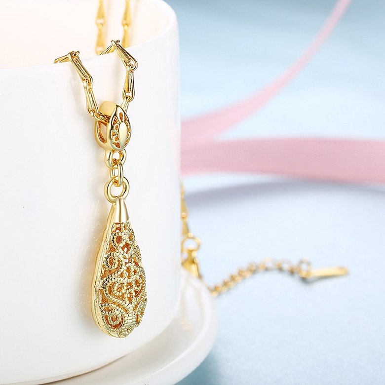 Wholesale Classical Style Vintage Chain Pendant Necklaces Hollow Out Water Drop 24 Gold Color Party Gift Jewelry For Women TGGPN141 2