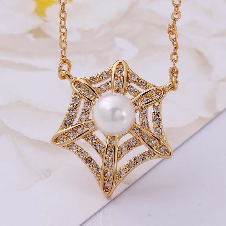 Wholesale Cute unique Pearls Necklace Micro Pave Zircon Hollow spider webs Necklace  TGGPN072 2